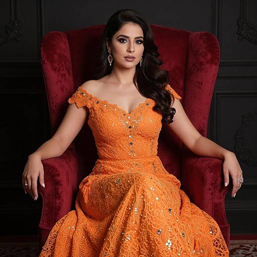 Elegant Woman in Red Velvet Chair