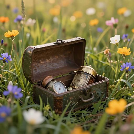 Old Time Capsule with Vintage Clocks in Wildflower Meadow