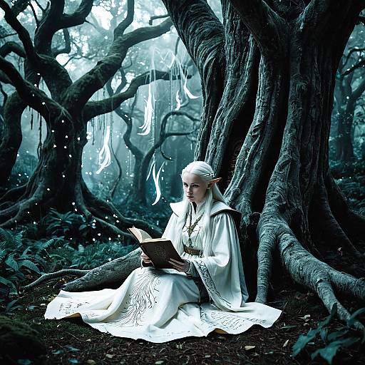 Albino Elf Scholar Reading in Mystical Forest