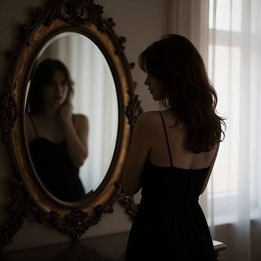 Silhouetted woman in black dress gazes at ornate mirror in dimly lit room with bright window background. Reflection visible.