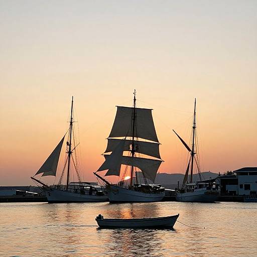 Tranquil Sunset Harbor with Sailing Ships