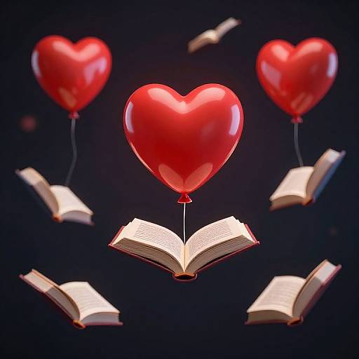 Photograph of glowing red heart-shaped balloons floating above open books, set against a dark background. Balloons are evenly spaced, with one prominent in