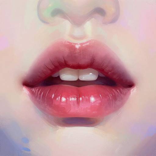 Close-up photograph of a woman's glossy red lips with slightly parted teeth, showcasing a shiny, plump texture against a blurred, light background.