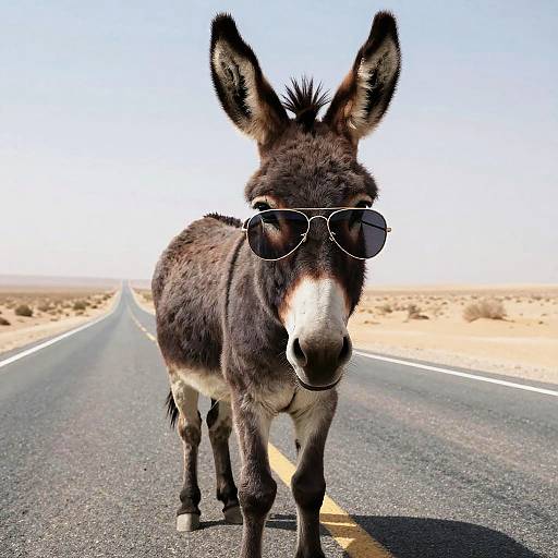 Photograph of a donkey wearing sunglasses standing on a desert road with clear blue sky and sandy landscape in the background.