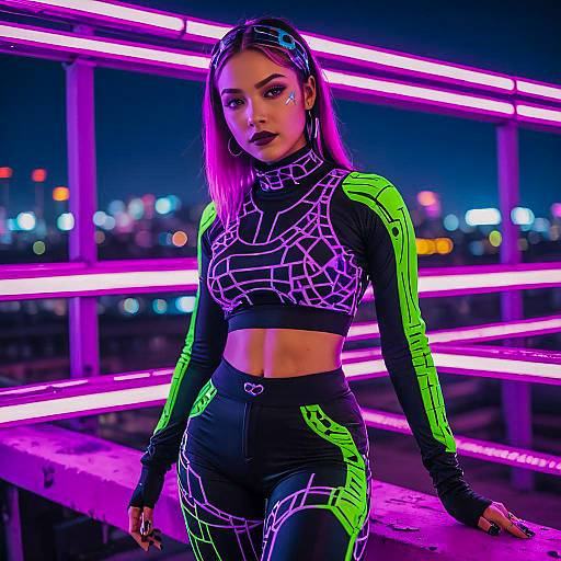 Cyberpunk Style Woman in Neon Rave Outfit