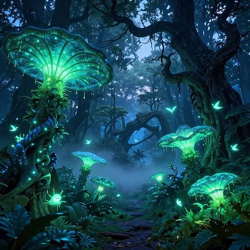 Digital fantasy artwork of a glowing, bioluminescent forest at night, featuring ethereal green mushrooms, luminescent butterflies, and misty,