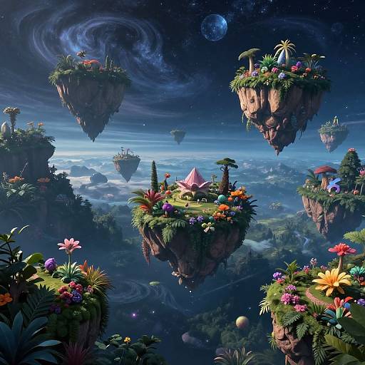 Fantastical CGI image of floating, lush islands with colorful flowers and a pink tent, under a starry, spiral galaxy-filled sky.