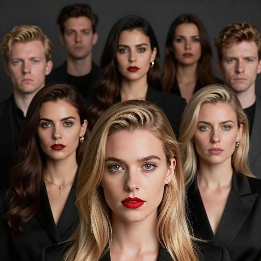 Serious Group Portrait with Blonde Woman in Foreground