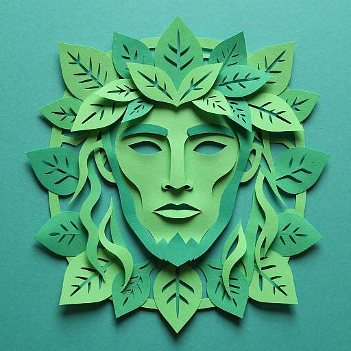 Papercraft art of a green, leaf-crowned face with stylized, serene features on a teal background. Intricate leaf cutouts surround