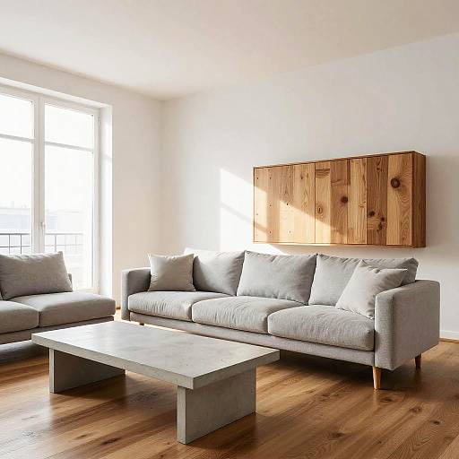 Modern living room photograph: gray sofa with cushions, concrete coffee table, wooden floor, wooden cabinet on white wall, bright window.