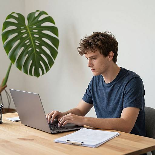Photograph of a young man with curly brown hair, wearing a navy blue t-shirt, typing on a laptop at a wooden desk, with a large