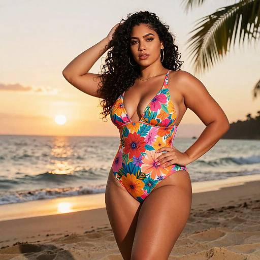 Photograph of a curvy, dark-haired woman with curly locks in a colorful floral one-piece swimsuit, posing on a sunset beach with palm trees