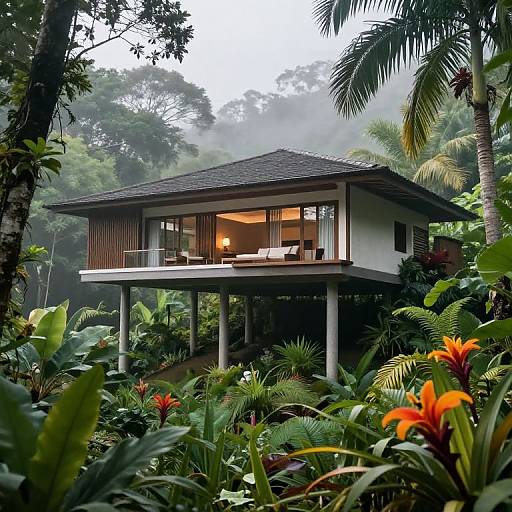 Photograph of a modern, elevated tropical house with wooden floors and glass walls, surrounded by lush, foggy jungle foliage and vibrant red heliconia