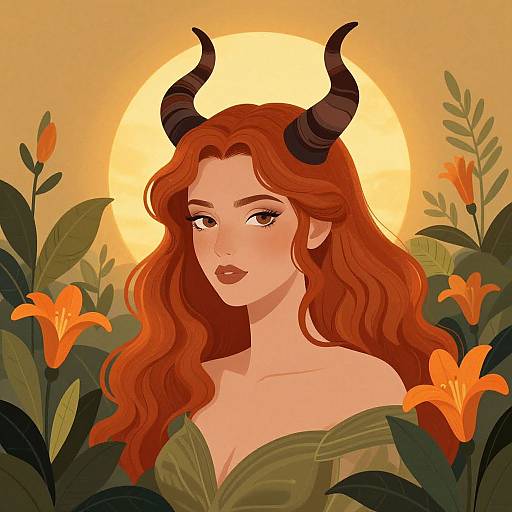 Digital illustration of a red-haired woman with black horns, glowing sun behind, surrounded by orange flowers and green leaves.