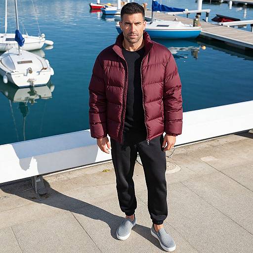 Photograph of a muscular, dark-haired man with a trimmed beard, wearing a red puffer jacket, black shirt, black pants, and gray sneakers