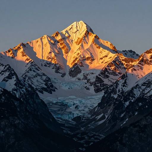 Photograph of a sunlit, snow-covered mountain peak at sunset, casting warm orange and yellow hues on rugged, jagged terrain, with deep blue