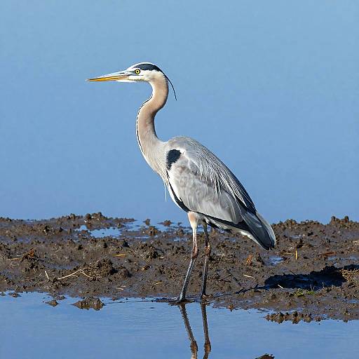 Photograph of a grey heron with white and black plumage, yellow beak, and long neck, standing on muddy ground with reflective water,
