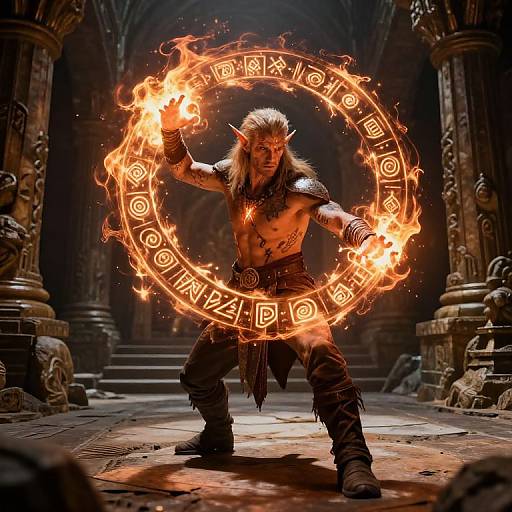 Fantasy CGI image of muscular, pointy-eared, shirtless male wizard with long white hair, casting fiery circular spell in ancient, dimly