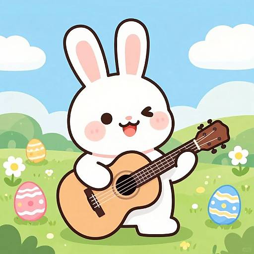 Cheerful Bunny Playing Guitar in Spring
