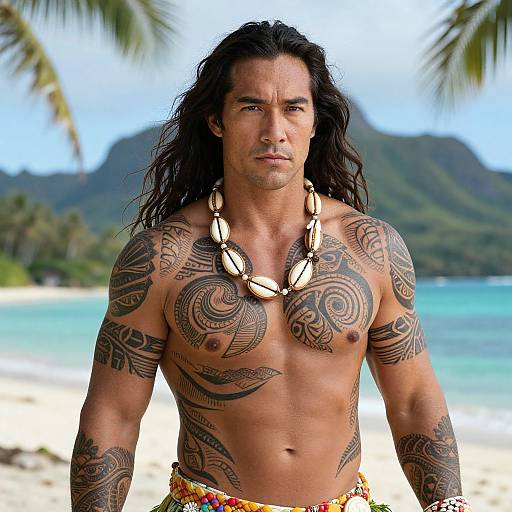 Photograph of a muscular, tattooed man with long black hair, wearing a shell necklace and colorful loincloth, standing on a tropical beach with