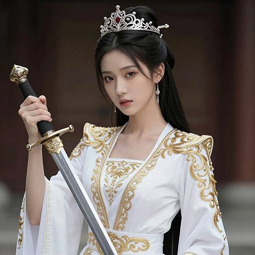 Regal Woman in White Dress with Sword