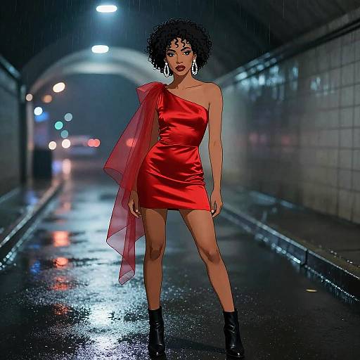 Digital artwork of a confident black woman with curly hair, wearing a red one-shoulder mini dress, sheer red scarf, and black boots, standing