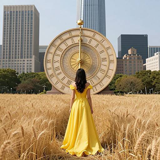 Photograph of a woman in a yellow dress holding a giant clock face, standing in a golden wheat field, with tall city buildings in the background.