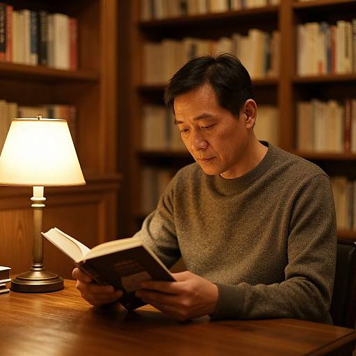 Photograph of an Asian man with short black hair, wearing a brown sweater, reading a book under a warm-lit lamp in a wooden bookshelf