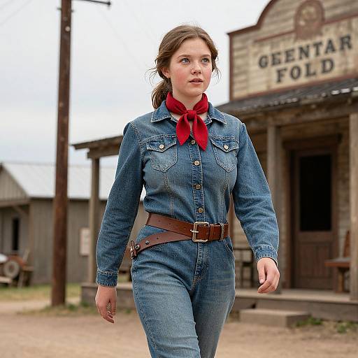 Photograph of a curvy, fair-skinned woman with brown hair, wearing a blue denim outfit, red scarf, and brown belt, walking in