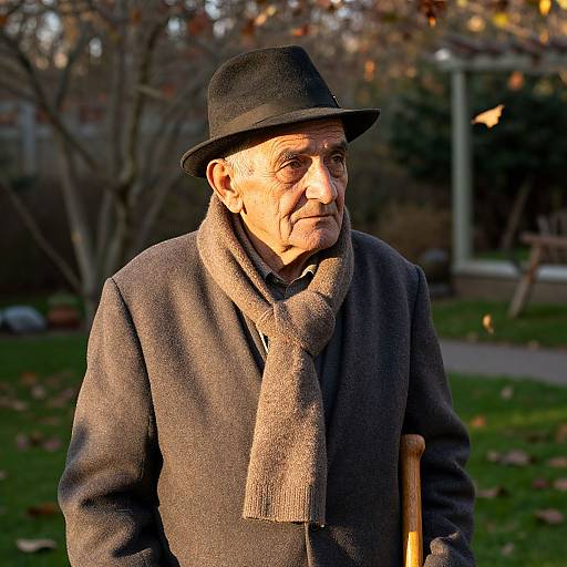 Photograph of elderly man in black hat, grey coat, and beige scarf, sitting outdoors with autumn trees and sunlight.