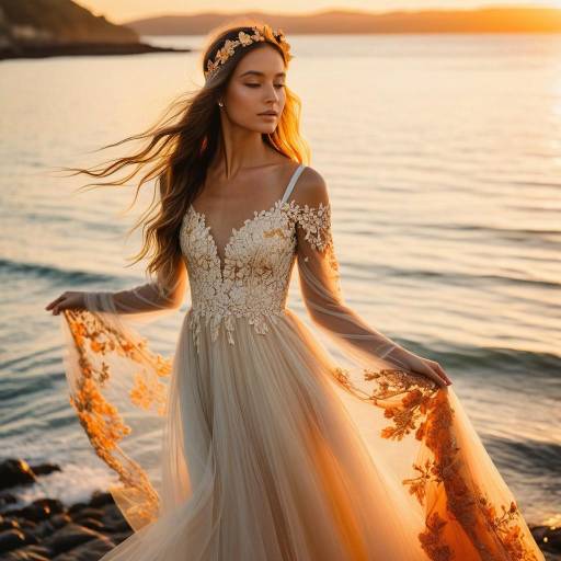 Woman in Ethereal Tulle Gown at Ocean Sunset