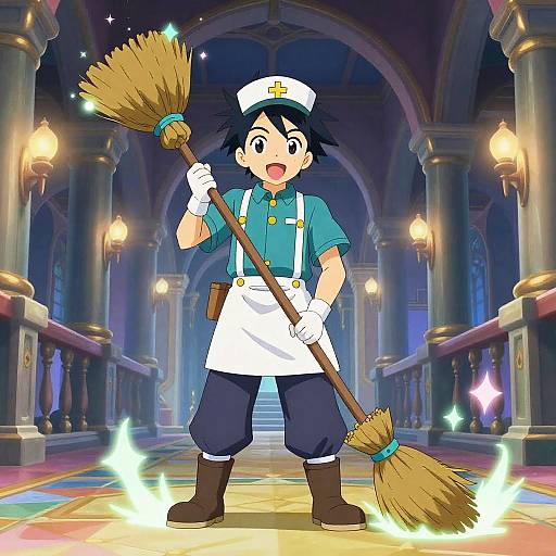 Anime-style drawing of a cheerful, young boy in a blue shirt, white apron, and sailor hat, holding a broom, standing in a