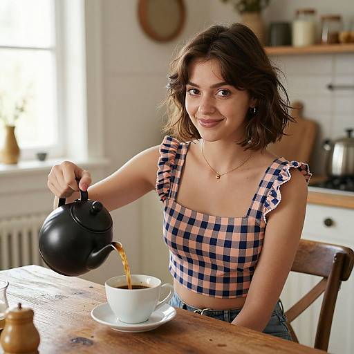 Stylish Woman in Cozy Farmhouse Kitchen