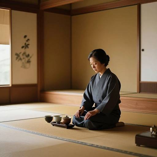 Japanese woman in traditional blue kimono, seated on tatami mat, preparing tea in a sunlit, wooden-furnished room with shoji screens.