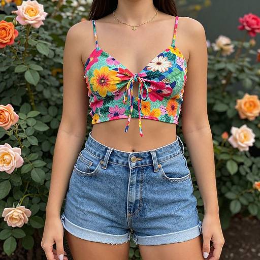 Photograph of a woman with long dark hair, wearing a colorful floral crop top and high-waisted denim shorts, standing in front of blooming
