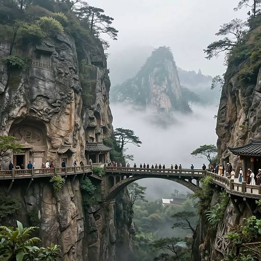 Photograph of a misty, mountainous landscape with a suspended bridge connecting two rocky cliffs, populated by tourists, surrounded by lush greenery and fog