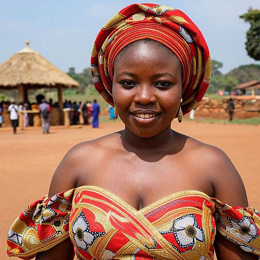 Photograph of a smiling African woman with dark skin, wearing a red and gold patterned off-shoulder dress and matching headwrap, standing in