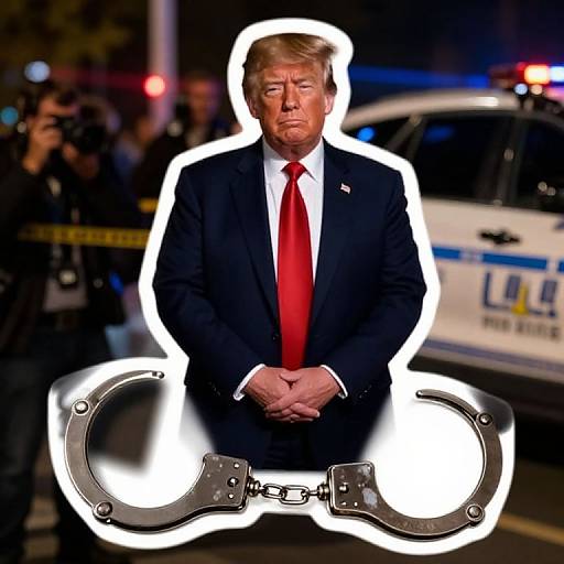 Photograph of Donald Trump in a suit with a red tie, standing in front of handcuffs and police car at night.