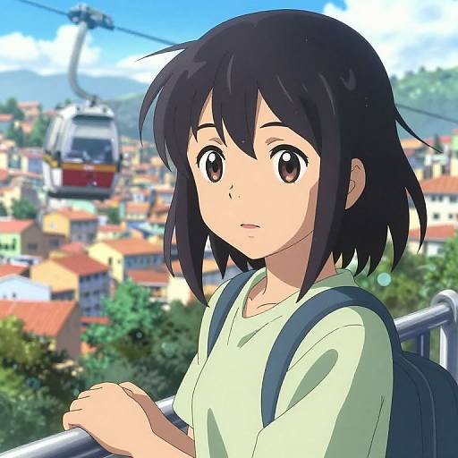 Anime-style digital illustration of a young girl with short black hair, wearing a white shirt and backpack, looking ahead at a colorful, rooftop-filled cityscape