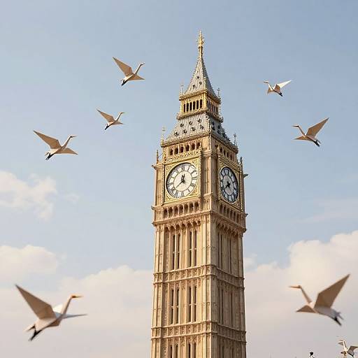 Photograph of London's Big Ben clock tower with seven white birds flying around against a clear blue sky.