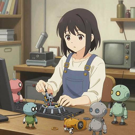 Anime-style digital illustration of a black-haired girl repairing small, colorful robot figures on a desk with a laptop, in a cluttered, retro room.