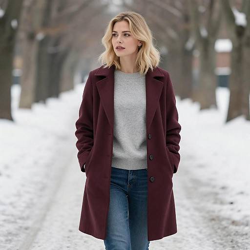 Blonde Woman in Maroon Coat on Snowy Path
