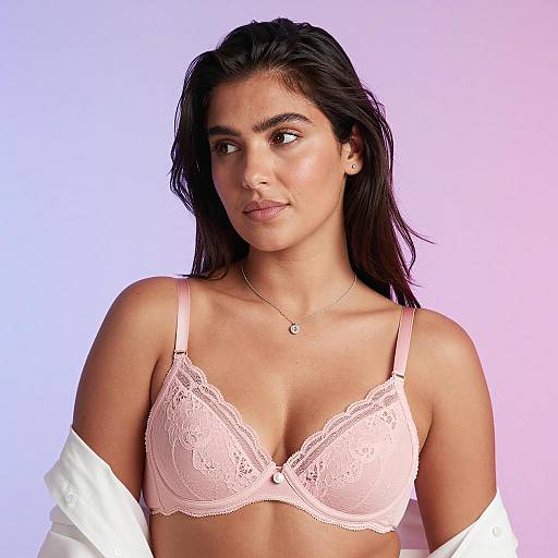Woman in Pink Lace Bra with White Shirt