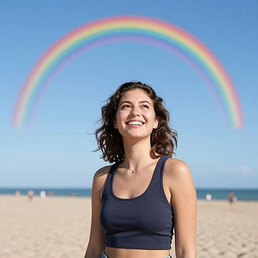 Photograph of smiling young woman with curly brown hair, wearing a black sports bra, standing on a sandy beach with a bright rainbow in a clear blue