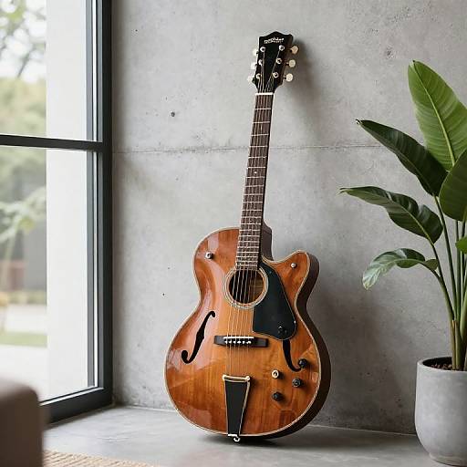 Photograph of a classic, sunburst acoustic guitar with black pickguard, leaning against a concrete wall near a large window and green potted plant.
