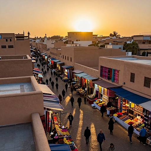 Photograph of a bustling Moroccan market at sunset, with silhouetted shoppers, colorful stalls, and sunlit, beige adobe buildings.