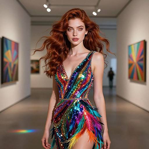 Photograph of a red-haired model in a vibrant, sequined, rainbow feather dress, walking a gallery runway with colorful abstract paintings on white walls in