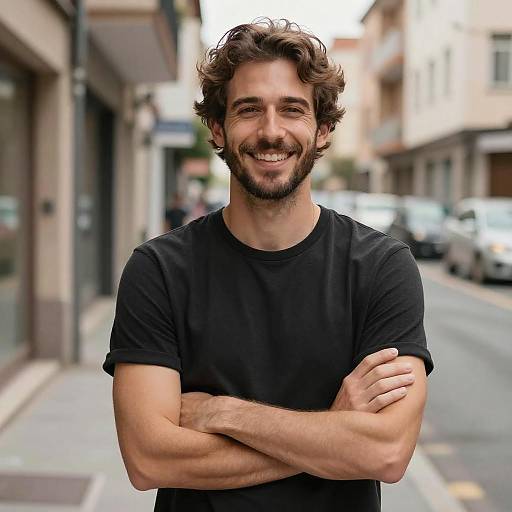 Smiling Man in Sunlit Urban Setting