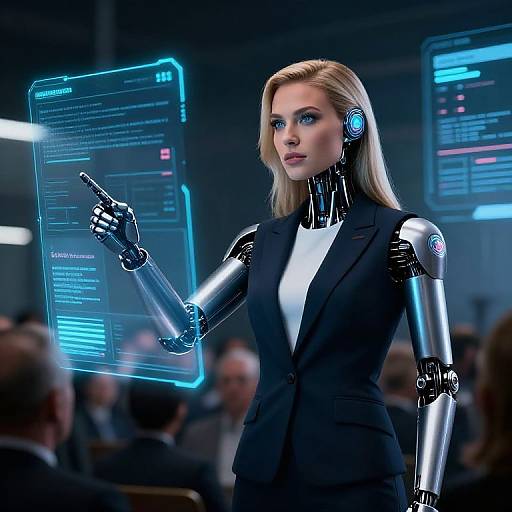 Photograph-style CGI of a blonde woman with robotic silver arms in a black suit, pointing at holographic screens in a dimly lit conference room.