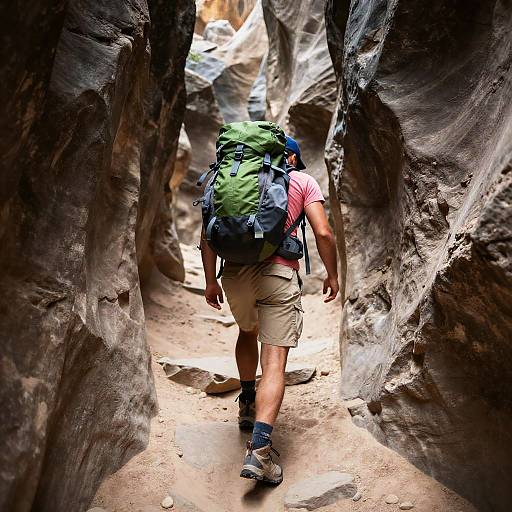 Hiker Walking Through Narrow Rocky Canyon